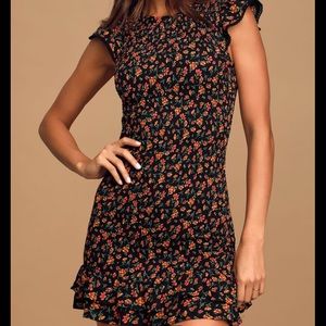 Black Floral Print Smocked Bodycon Mini Dress, Lost + Wander, Small, NWOT